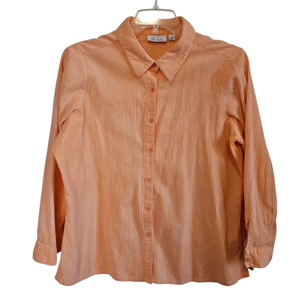 Denim & Co Apricot Orange Crinkle Gauze Button Down Shirt Plus 1X Long‎ Sleeve